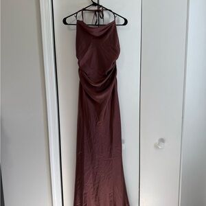 Anthropologie Satin Halter Ruched Maxi Dress in Deep Burgundy